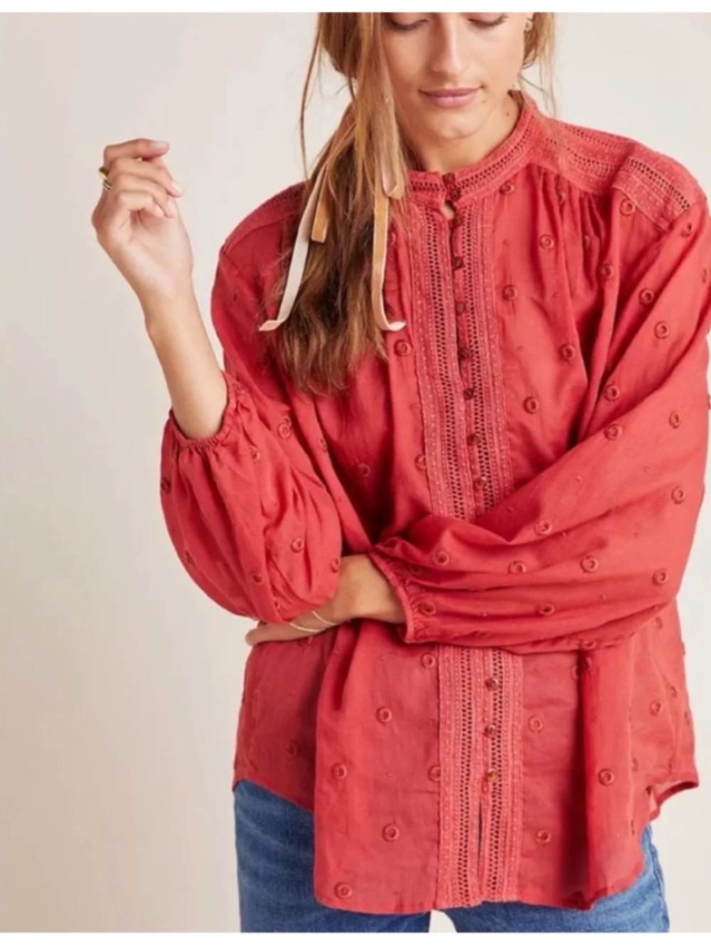 Anthropologie Coral Embroidered Voile Augusta Peasant Blouse